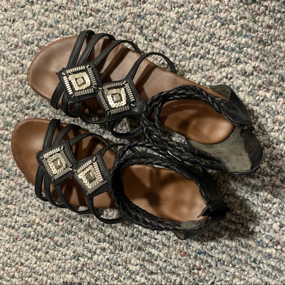 Strappy braided gladiator sandals w beaded accents